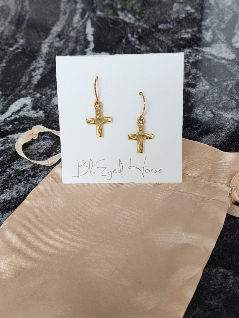 Blu Eyed Horse 12K Gold Cross Dangle Earrings